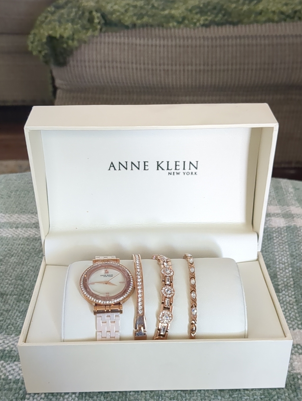 Anne Klein Rose Gold Watch Mother Of Pearl Band and Bracelet Gift Set